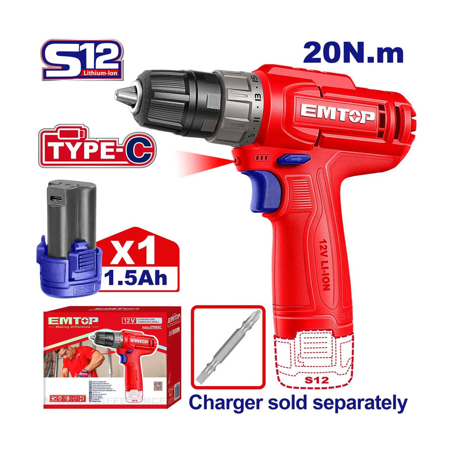 EMTOP Cordless Drill for Timber and Metal ECDL12456