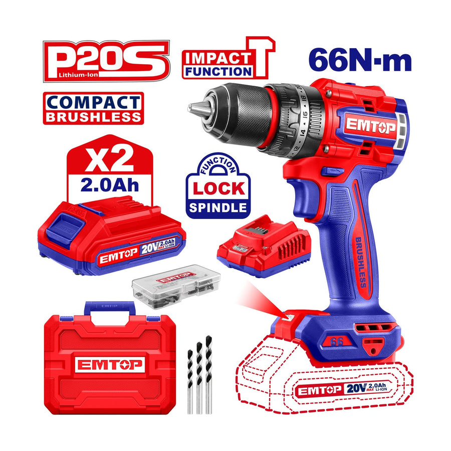EMTOP Cordless Brushless Impact Drill ECIDL20668 Driver
