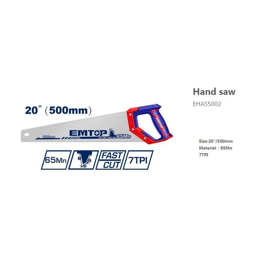 EMTOP Hand Saw 500mm 20 Inch 7 TPI 65Mn EHAS5002